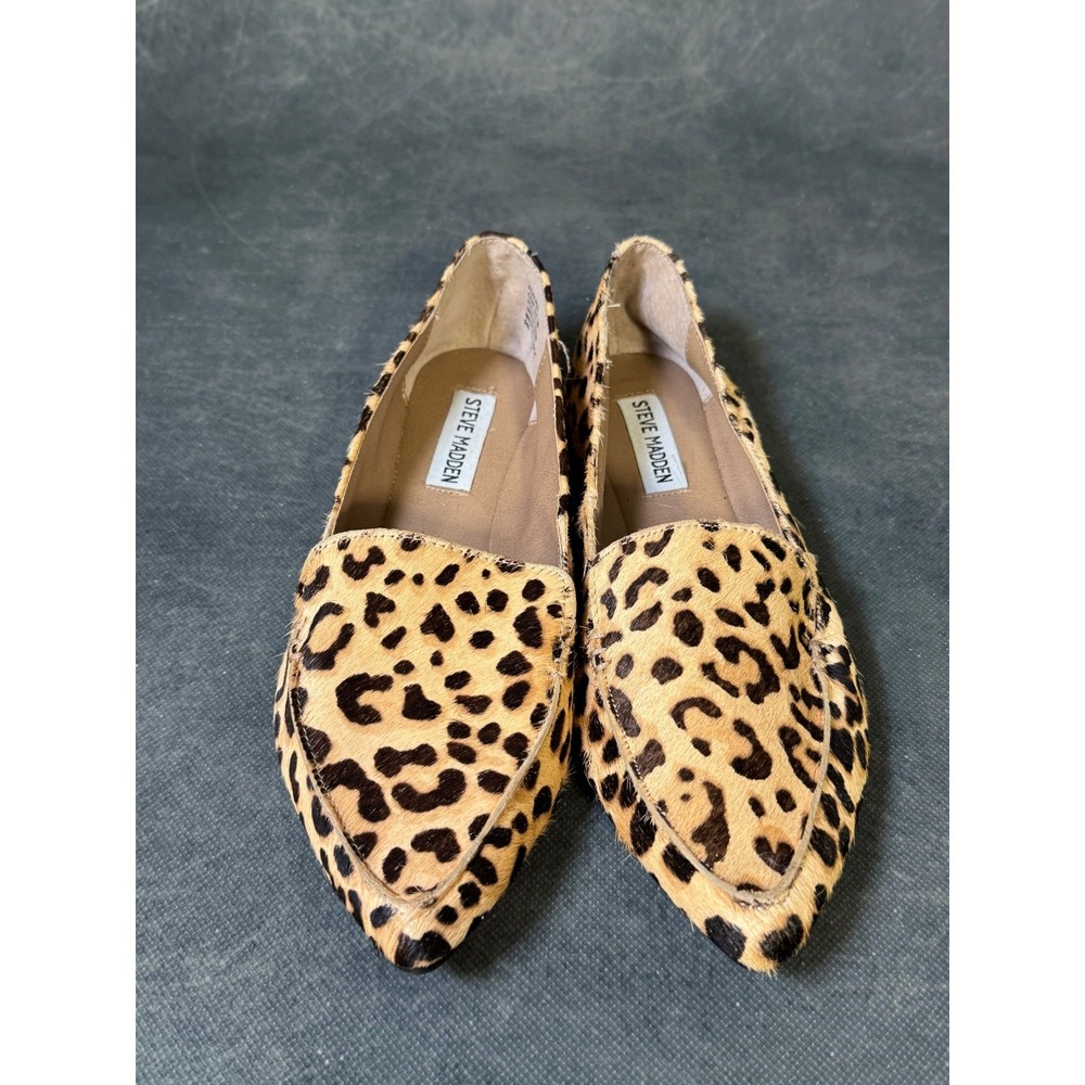 Steve Madden Featherl Leopard Print Cow Hair Pointed Toe Loafer Flat Shoes 7.5